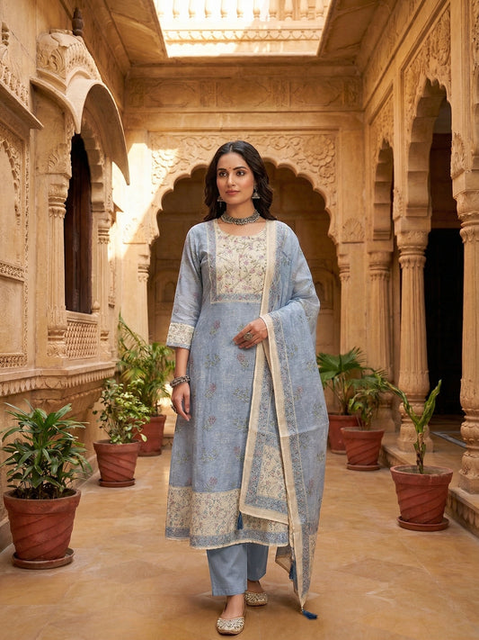 Women Floral Printed Regular Linen Kurta with Trousers & With Dupatta
