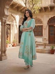 Women Animal Printed Sequinned Linen Kurta with Trousers & With Dupatta