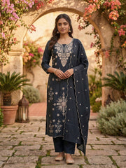 Women Floral Yoke Design Regular Thread Work Kurta with Trousers & With Dupatta