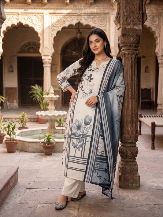 Women Floral Printed Regular Pure Cotton Kurta with Trousers & With Dupatta