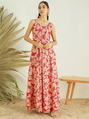 Red Floral Printed Maxi Ethnic Dress