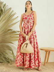 Red Floral Printed Maxi Ethnic Dress