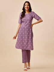 Floral Embroidered Thread Work Straight Kurta with Trousers
