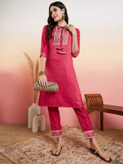 Pink Floral Yoke Design Tie-Up Neck Thread Work Kurta With Trousers