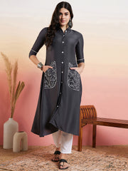 Grey Mandarin Collar Thread Work A-Line Kurta & Trousers With Pocket Detail