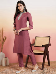 Rust Floral Yoke Design Sequinned Kurta With Trousers