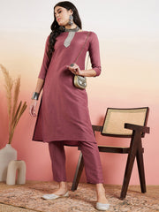 Rust Floral Yoke Design Sequinned Kurta With Trousers