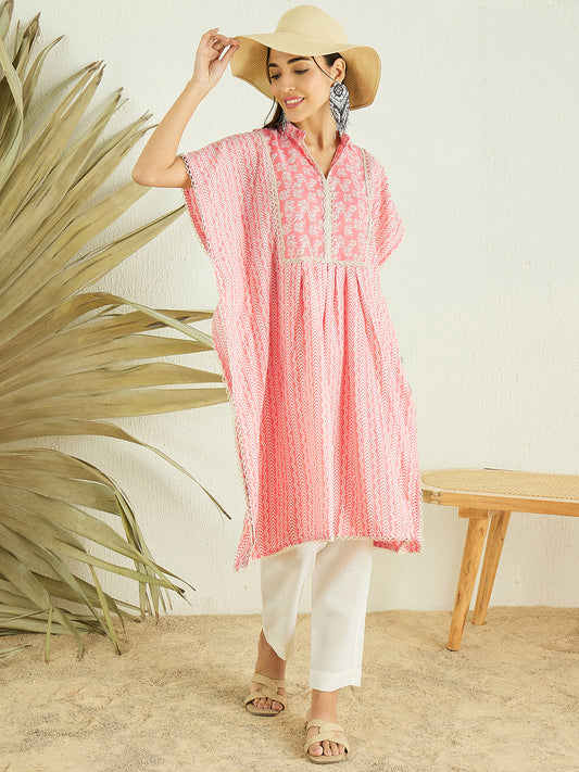 Pink Geometric Printed Mandarin Collar Thread Work Kaftan Kurta