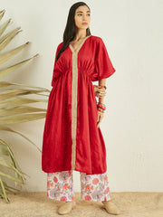 Red V-Neck Flared Sleeves Sequinned Pleated A-Line Kurta With Palazzos