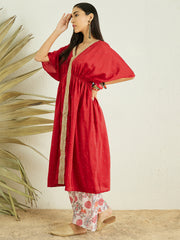 Red V-Neck Flared Sleeves Sequinned Pleated A-Line Kurta With Palazzos