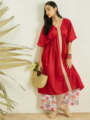 Red V-Neck Flared Sleeves Sequinned Pleated A-Line Kurta With Palazzos