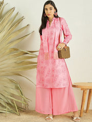 Pink Floral Printed Regular Kurta & Palazzos with Attached Calf