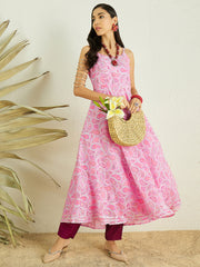 Pink Paisley Printed Shoulder Strap A-Line Kurta With Trousers