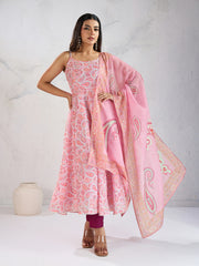 Pink Paisley Printed Shoulder Strap A-Line Kurta With Trousers