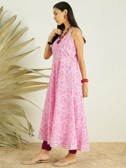 Pink Paisley Printed Shoulder Strap A-Line Kurta With Trousers