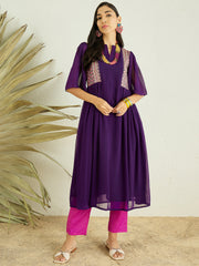 Violet And Pink Notched Neck Thread Work Pleated A-Line Kurta With Trousers