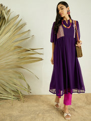Violet And Pink Notched Neck Thread Work Pleated A-Line Kurta With Trousers
