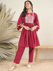 Floral Yoke Design Pleated Thread Work A-Line Kurta with Trousers