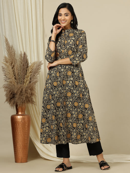 Floral Printed Mandarin Collar Pure Cotton Kurta