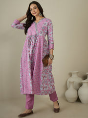 Women Floral Printed Angrakha Kurta with Trousers