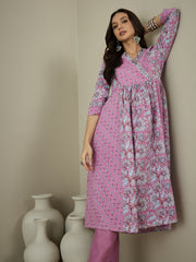 Women Floral Printed Angrakha Kurta with Trousers