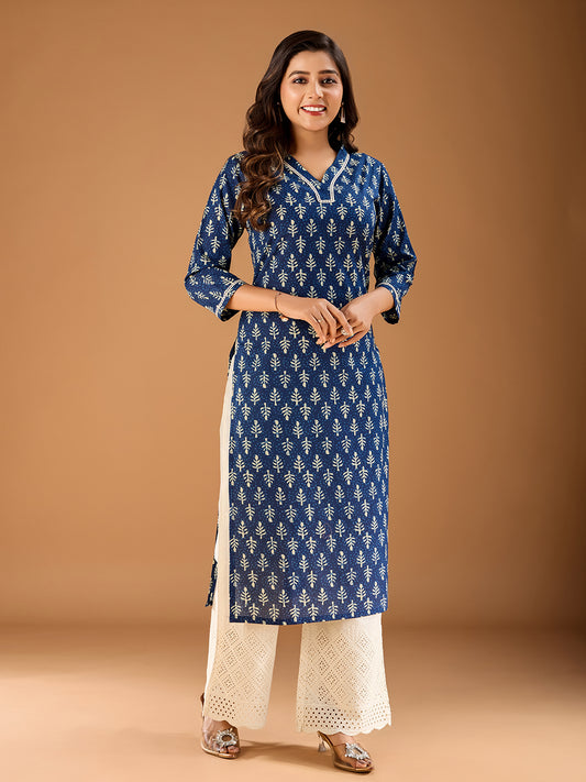 Ethnic Motifs Printed V-Neck Cotton Straight Kurta