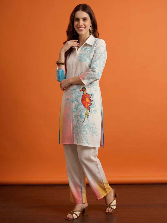 Floral Linen Colourblocked Top with Trousers