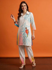 Floral Linen Colourblocked Top with Trousers