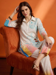 Floral Linen Colourblocked Top with Trousers
