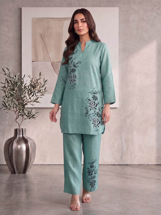 Floral Linen Printed Top with Trousers