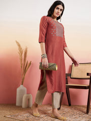 Rust Ethnic Motifs Yoke Design Thread Work Straight Kurta