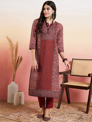 Maroon Ethnic Motifs Printed Notched Neck Kurta With Trousers