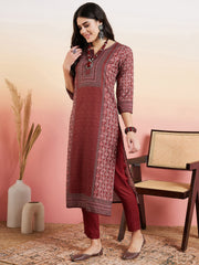 Maroon Ethnic Motifs Printed Notched Neck Kurta With Trousers