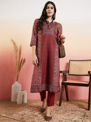 Maroon Ethnic Motifs Printed Notched Neck Kurta With Trousers