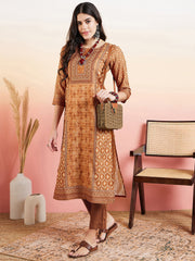 Mustard Ethnic Motifs Printed Notched Neck Kurta With Trousers