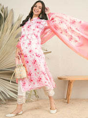 White & pink Floral Printed Mandarin Collar Regular Kurta & Trousers & Dupatta