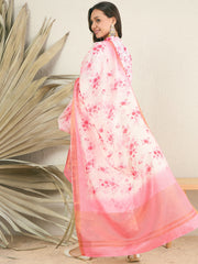 White & pink Floral Printed Mandarin Collar Regular Kurta & Trousers & Dupatta