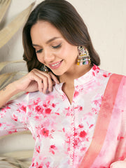 White & pink Floral Printed Mandarin Collar Regular Kurta & Trousers & Dupatta