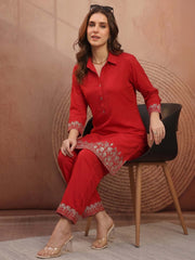 Women Floral Thread Button Detailed Top with Palazzo Co-Ords Set