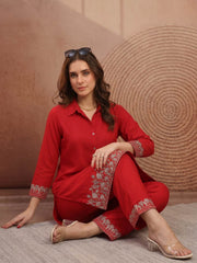 Women Floral Thread Button Detailed Top with Palazzo Co-Ords Set