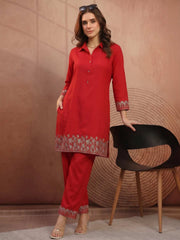 Women Floral Thread Button Detailed Top with Palazzo Co-Ords Set