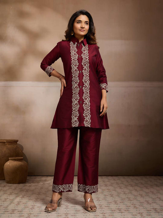 Embroidered Shirt Collar A-Line Top & Trousers Co-Ords
