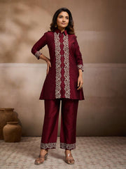Embroidered Shirt Collar A-Line Top & Trousers Co-Ords