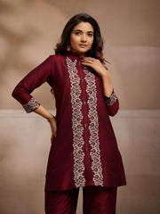 Embroidered Shirt Collar A-Line Top & Trousers Co-Ords