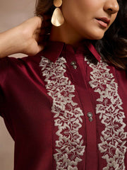 Embroidered Shirt Collar A-Line Top & Trousers Co-Ords