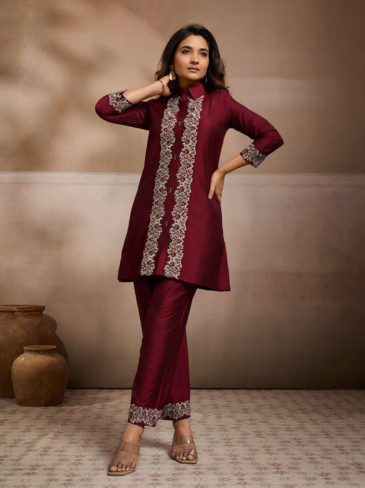 Embroidered Shirt Collar A-Line Top & Trousers Co-Ords