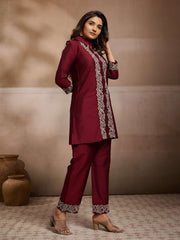Embroidered Shirt Collar A-Line Top & Trousers Co-Ords