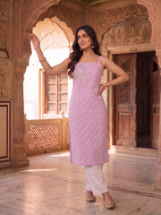 Women Leheriya Dyed Regular Thread Work Kurta with Trousers