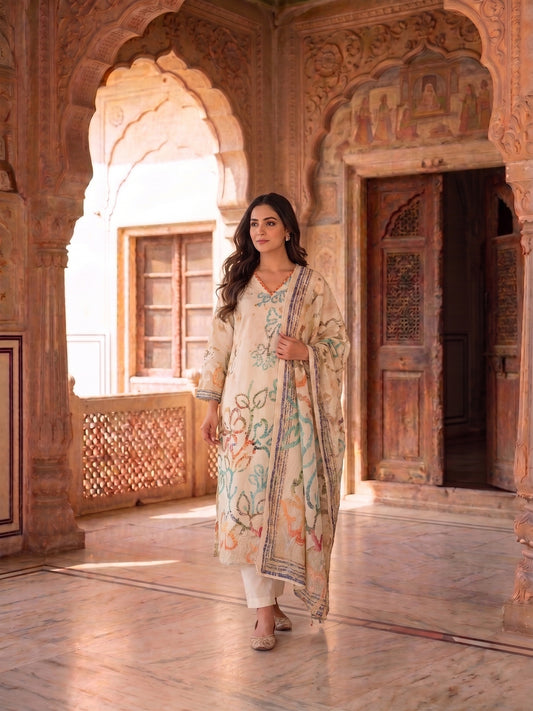 Women Printed Regular Kurta with Trousers & With Dupatta