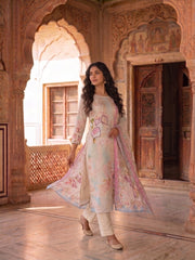 Women Floral Printed Regular Thread Work Kurta with Trousers & With Dupatta